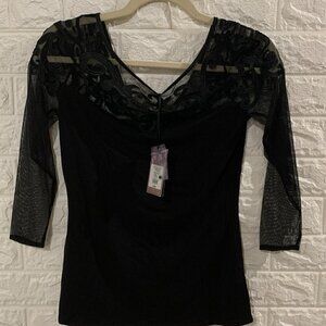 BRAND NEW WITH TAG | CASUAL | SEMI FORMAL LACE MESH TOP | EMBROIDERED | BLACK |